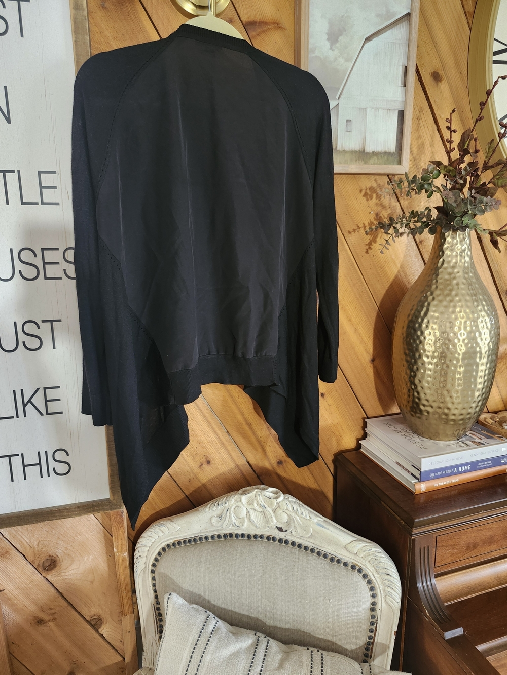 Black Draped Open Fron Cardigan Lightweight Waterfall Boho Soft Layering Sweater - Picture 4 of 4